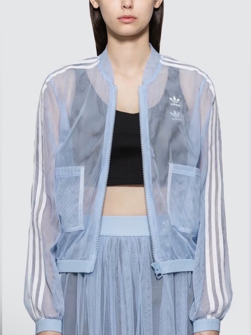 Adidas Track Top Jacket Sheer Mesh Tulle Periwinkle Blue & White Stripes Small - Picture 2 of 14